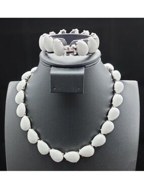 VTG Signed 50s Crown Trifari Silver White Thermoset Choker Necklace & Bracelet